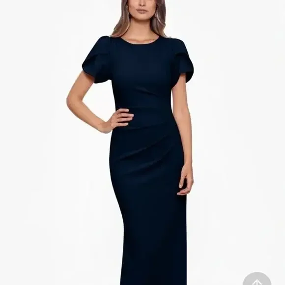Xscape Evenings “London” Long Scuba Crepe Short Sleeve Dress Navy Size 14P NWT